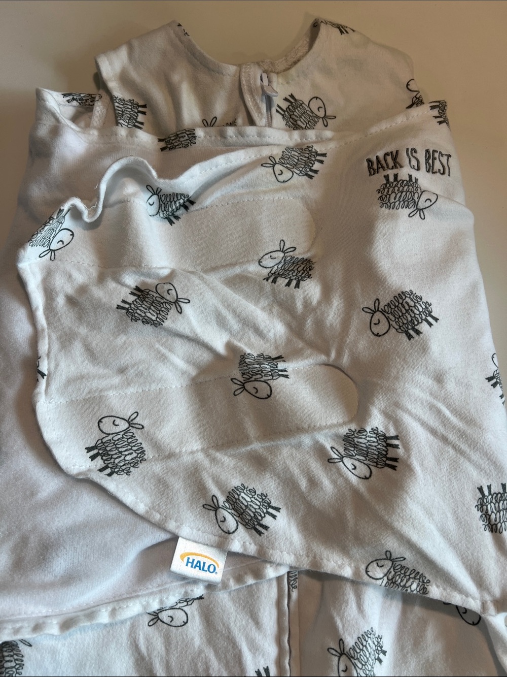 HALO - 3-6m, White Sleep Sack with Gray Sheep Print, like new